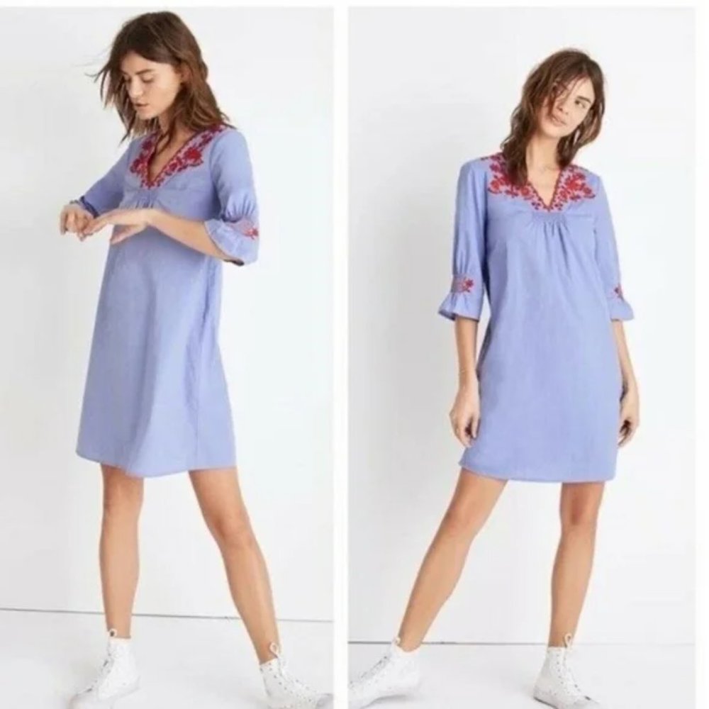 Madewell Embroidered Blue Chambray Dress